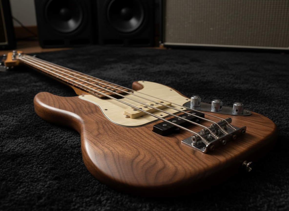 An elegant close-up of a custom jazz bass’s lower body and strings, showcasing fine wood grain, satin-finished maple neck, and hand-worn pickup covers in photographic detail. The instrument lies diagonally on a dark, velvety rehearsal room rug, surrounded by out-of-focus hints of studio monitors and a vintage amplifier cabinet. Soft, directional studio lighting from the left creates gentle highlights along the curves and subtle shadows beneath the bridge, emphasizing craftsmanship and texture. The composition follows the rule of thirds, with the strings leading the viewer’s eye into the frame. The atmosphere feels intimate and focused, suggesting a composer’s private workspace where refined jazz ideas are shaped and polished.