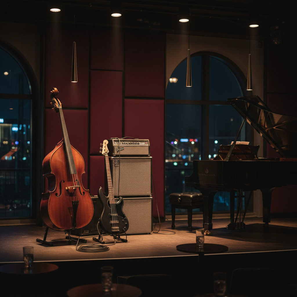 A sophisticated concert scene captured without performers: a polished upright bass and a sleek electric bass both standing on a dimly lit jazz club stage, cable coiled neatly at their bases. Behind them, a brushed-metal bass amp stack, a grand piano, and a tasteful backdrop of deep burgundy acoustic panels create context. Narrow, warm spotlights from above carve out pools of light, leaving the audience area in moody darkness. Photographic realism with a slightly elevated angle reveals empty bar tables, glasses catching stray reflections, and a blurred city-night view through large windows. The mood is expectant and urbane, embodying the refined energy of a modern jazz venue moments before the bassist and band step onstage.