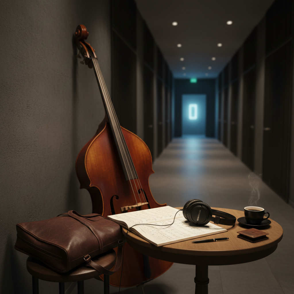 A refined photographic headshot substitute: a meticulously arranged still life of a jazz bassist’s signature setup on a small backstage table. A high-end bass leaning against a charcoal-gray wall, a leather gig bag folded neatly, a worn manuscript notebook open to intricate notation, and a pair of over-ear studio headphones resting on top. The space is a quiet corner of a concert hall corridor, with dark acoustic panels and a barely visible doorway to the stage in the blurred background. Soft, overhead corridor lighting mixed with a faint spill of cool stage light creates layered highlights and long, subtle shadows. Captured at eye level with a shallow depth of field, the mood is introspective, professional, and deeply musical.