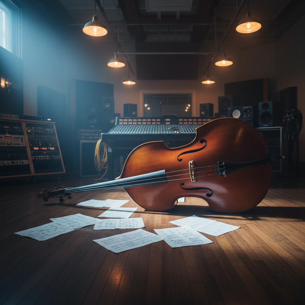 Abstract yet photographic album-cover concept for a jazz bassist-composer: a solitary bass laid on its side in a spacious, dim recording studio, surrounded by open manuscript pages and scattered pencil sketches of chord voicings. The polished wooden floor reflects the instrument’s curved silhouette and the soft glow of overhead tungsten fixtures. In the background, out-of-focus racks of analogue gear and a large mixing console add depth. A single cool shaft of light from a high window cuts across the body of the bass, creating a dramatic diagonal. Shot from a low angle with a wide lens, the composition feels cinematic, intellectual, and slightly mysterious, perfect for sophisticated jazz album art without using any text or human figures.
