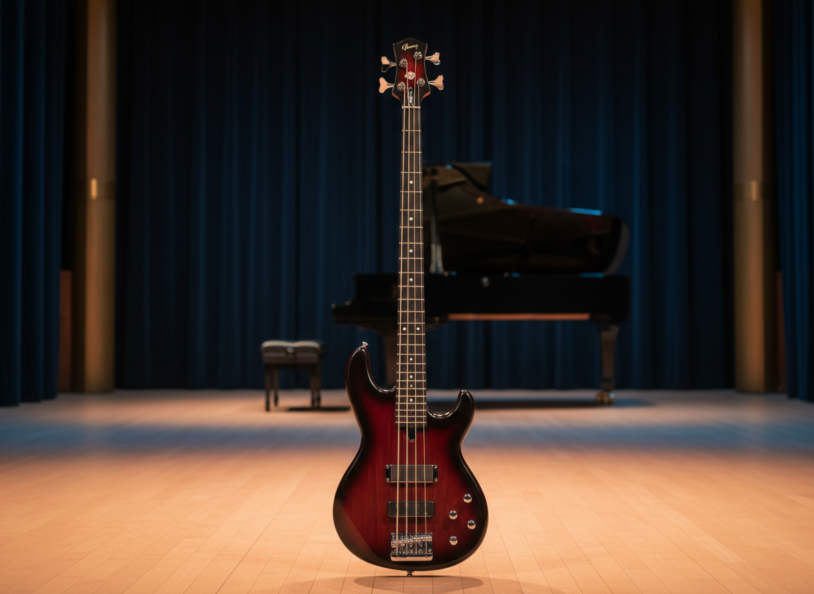 A sleek, dark-wood jazz bass resting upright on a minimalist stage, its rich sunburst finish and polished chrome hardware rendered in crisp photographic realism. The instrument stands center frame against a softly blurred backdrop of a high-end jazz club: deep navy curtains, subtle brass fixtures, and a grand piano suggested in the distance. Warm, golden hour stage lighting washes over the bass, creating elegant reflections along the curved body and long ebony fingerboard, with a single cool-blue backlight giving a refined rim glow. Shot at eye level with a shallow depth of field, the mood is sophisticated and contemplative, evoking anticipation before a performance while keeping the bass as the undisputed star.